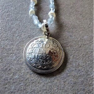 parel en aquamarijn zilver wilhelmina 1937 zilveren muntje